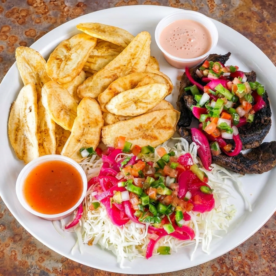 A white plate holds golden grilled plantain slices, blackened meat topped with salsa, pickled vegetables, shredded cabbage, and dipping sauces.