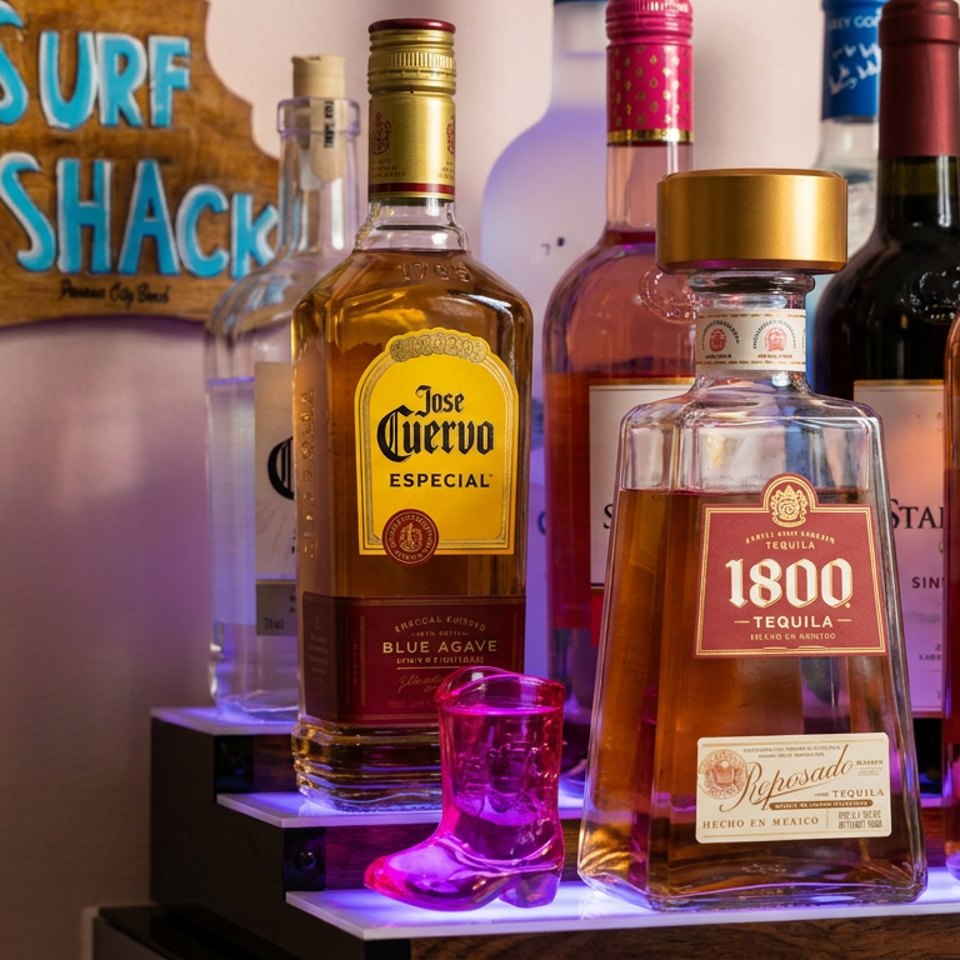 Colorfully lit bar shelf displaying tequila, wine, and spirits bottles beneath a rustic Surf Shack sign.