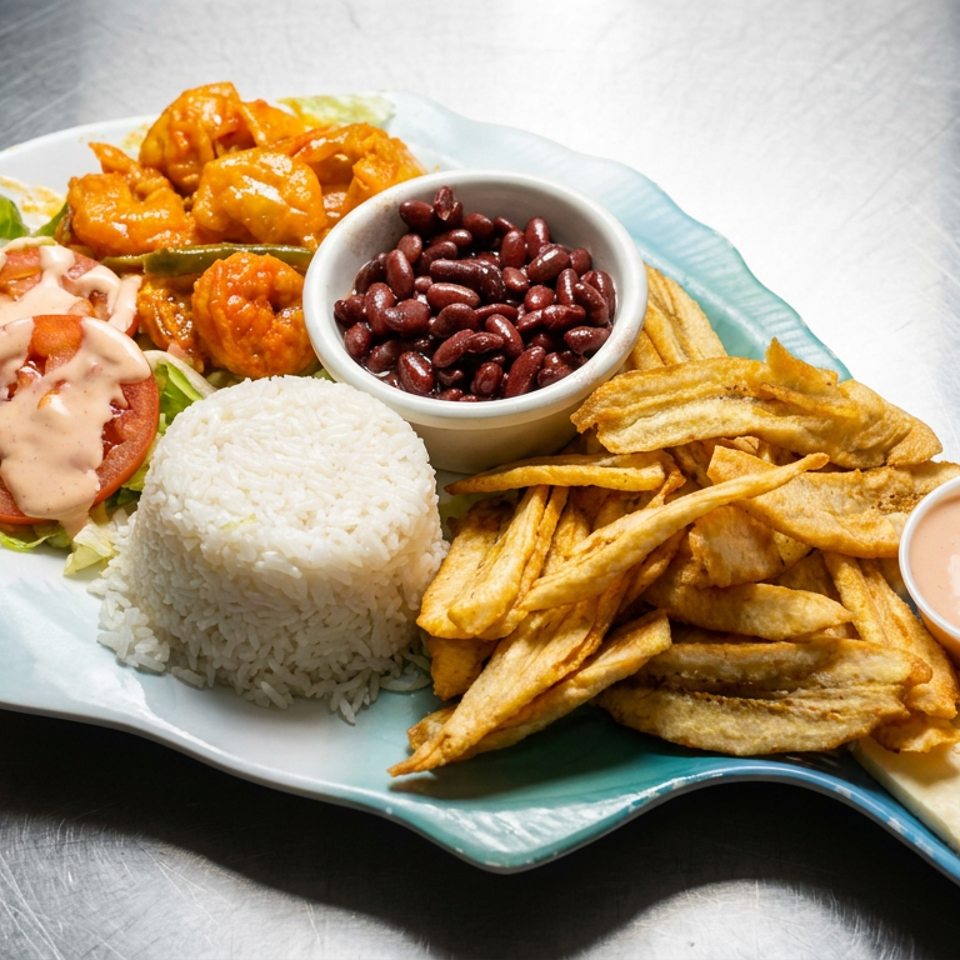 Platter featuring rice, red beans, fried plantains, shrimp in sauce, salad, and creamy dipping sauce.