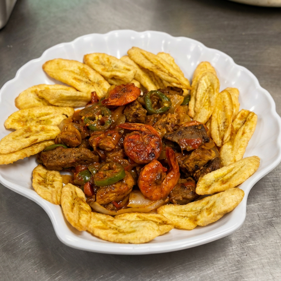 White platter of sautéed shrimp, meat, peppers, tomatoes, and onions surrounded by fried plantain slices on a metal countertop.