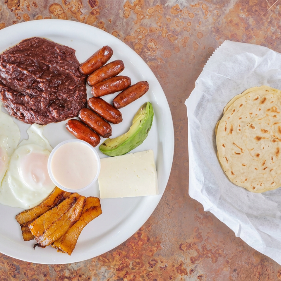 Breakfast plate with eggs, steak, sausages, avocado, cheese, fried plantains, sauce, and flatbread on parchment.