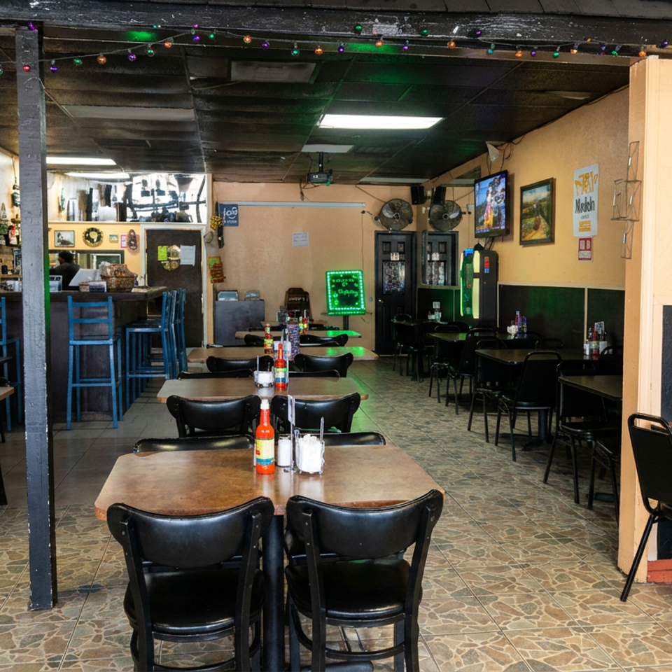 Casual restaurant dining room with black tables and chairs, colorful string lights, televisions, artwork, and a small bar area.