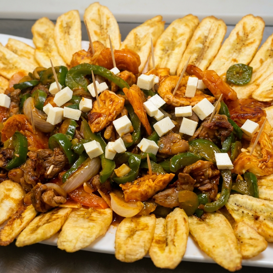 Platter of sautéed meat, peppers, onions, tomatoes, and cheese cubes surrounded by grilled plantain slices.