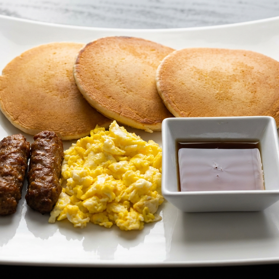 Breakfast platter with three pancakes, scrambled eggs, two sausage links, and syrup on a white square plate.